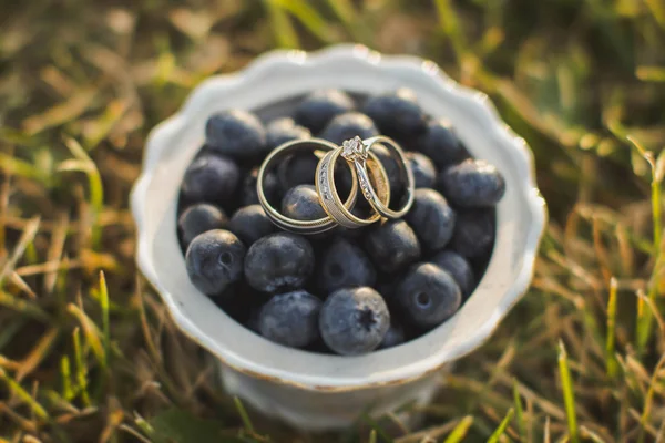 Wedding rings on the berries — Stock Photo, Image
