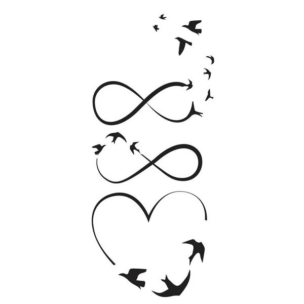 Siyah çizgi kalp, sonsuzluk işareti, uçan kuşlar. Vektör illüstrasyon işareti.