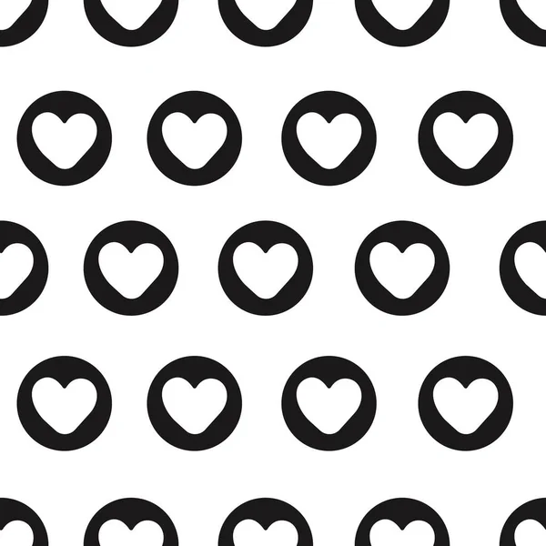 Weißes Herzzeichen Auf Dem Schwarzen Kreis Vektornahtloses Muster — Stockvektor