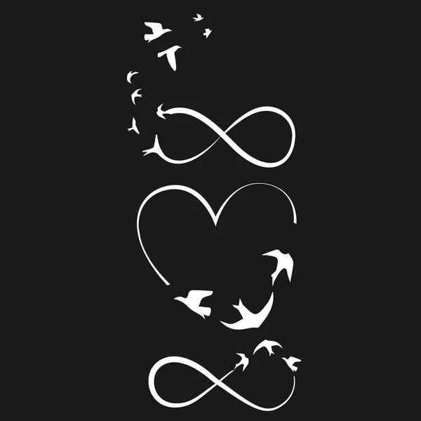 Μαύρη Καρδιά Σύμβολο Του Απείρου Ιπτάμενα Πουλιά Σήμα Διανυσματικής Απεικόνισης — Διανυσματικό Αρχείο