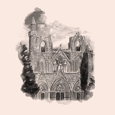 Klasik el yapımı Aziz Nicolas katedrali. Suluboya çizimi.