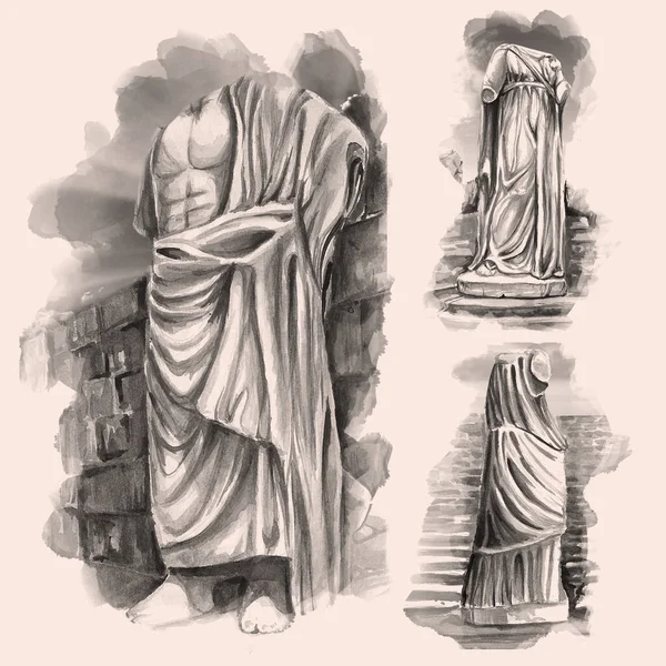 Vintage Hand Drawn Sculpture Watercolor Illustration — Stock Photo, Image