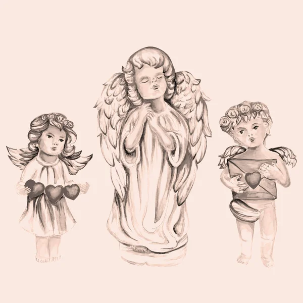 Милые Ангелы Акварель Художественная Иллюстрация — стоковое фото