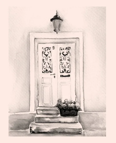 Pintura Acuarela Vintage Puerta — Foto de Stock