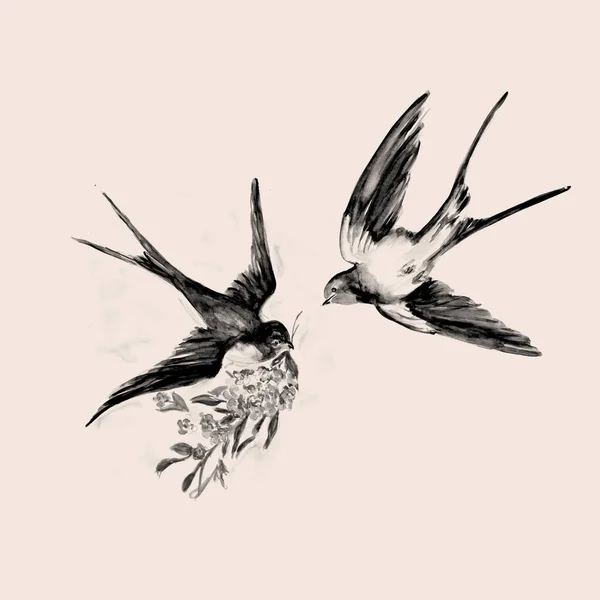 Aquarelle Hand Накреслено Ілюстрацією Пташиного Вінтажу — стокове фото