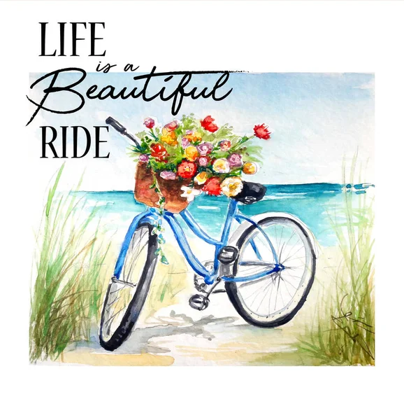 Watercolor painting of Vintage bicycle sketch. Life is a beautiful ride. Art illustration