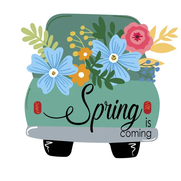アートベクトルのイラストをプリント 春が来る 花とかわいいトラックの車 — ストックベクタ