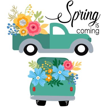 Print Art Vector illustration. Cute truck car with flowers. vector