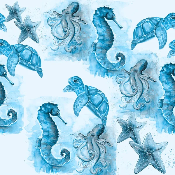人工绘制的海洋动物水彩图 — 图库照片