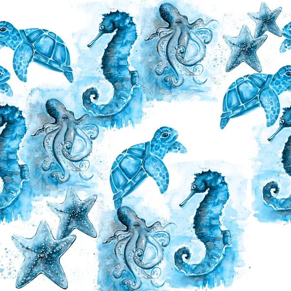 Deniz Hayvanlarının Elle Çizilmiş Suluboya Desenleri — Stok fotoğraf