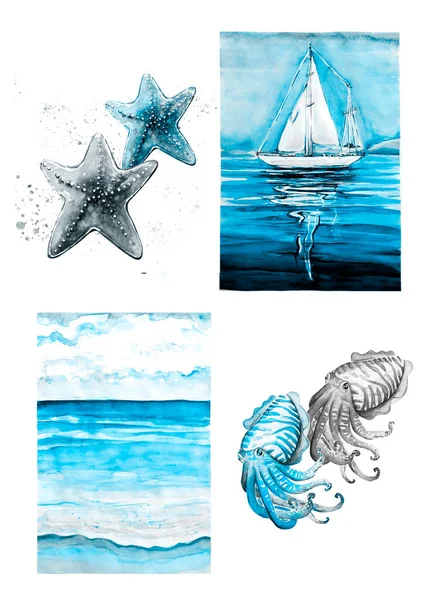 Hand Drawn Watercolor Art Sea Collection — Stock Photo, Image