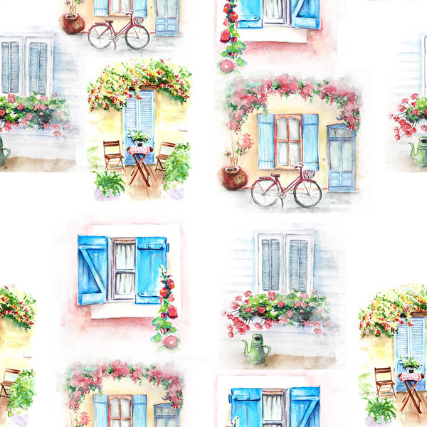  Бесшовный узор из акварельных старых окон, дверей.