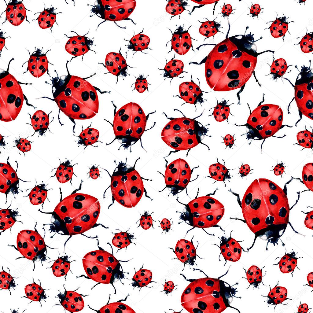 Watercolor seamless pattern of ladybug.