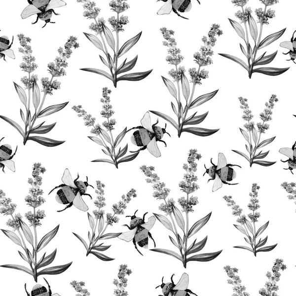 Акварель Бесшовный Узор Пчелы Лаванды Цветок — стоковое фото