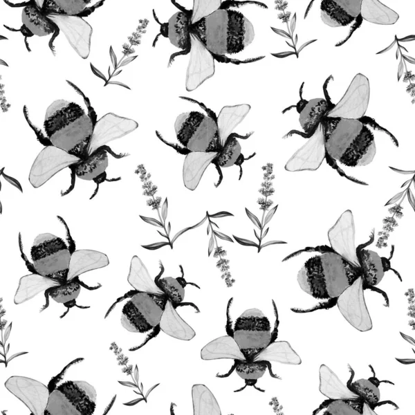 Акварель Безшовний Візерунок Бджіл Квітка Лаванди — стокове фото