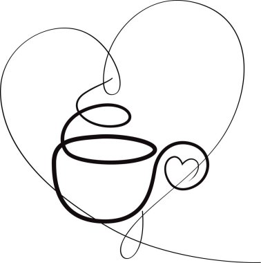 Zarif bir el çizimi, kalpli bir fincan kahve. Çizgi sanat vektörü illüstrasyonu.