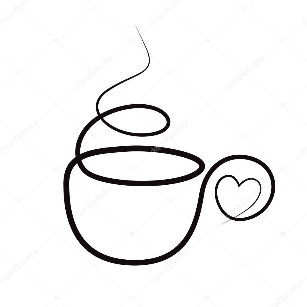 Elegant hand drawn Cup of coffee with heart. Line art vector illustration.