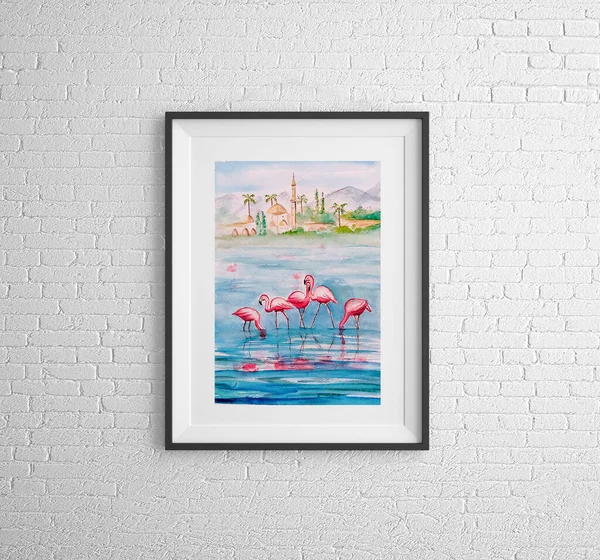 Flamingoların Suluboya Resmi Çizim — Stok fotoğraf