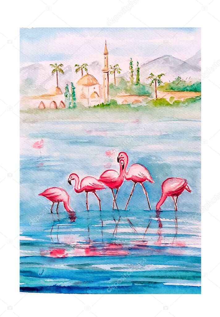 Watercolor painting of flamingos sketch art illustration