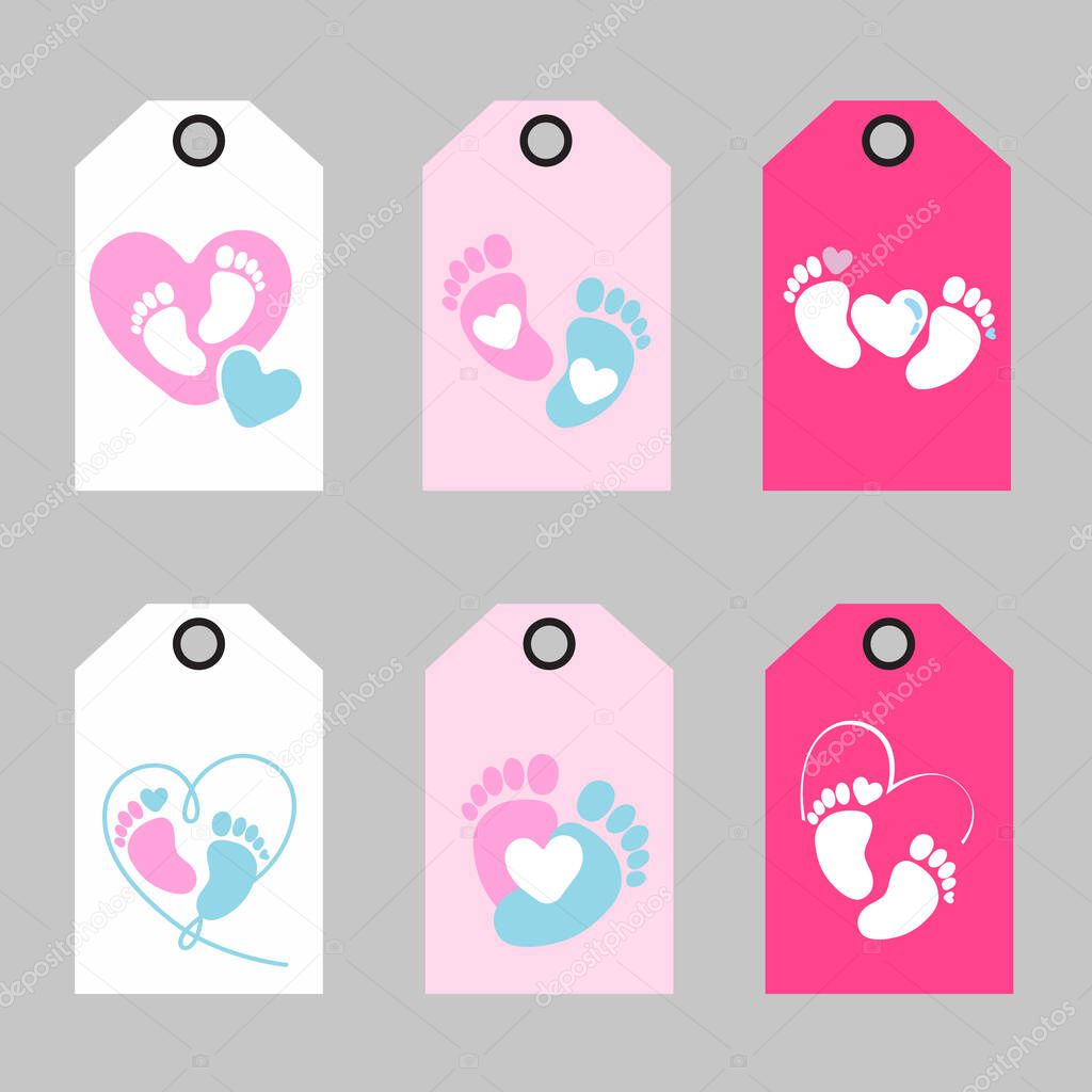 Set of baby footprint tag. Vector illustration.