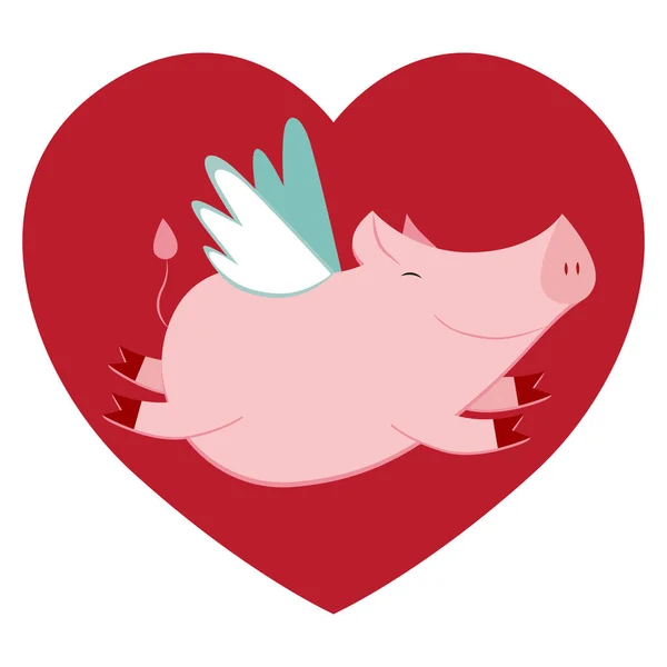 Cartoon Flying Pig Red Heart Vector Illustration — Stock Vector