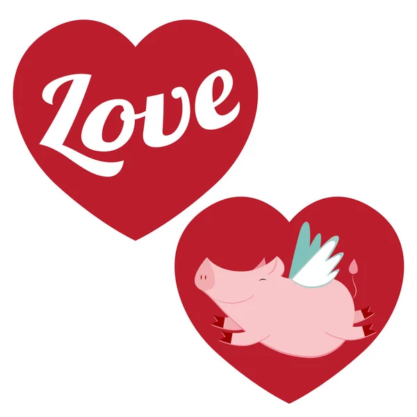 Porco Voador Dos Desenhos Animados Coração Vermelho Ilustração Vetorial —  Vetores de Stock