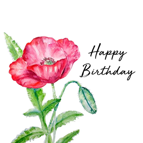 Watercolor Panting Happy Birthday Card Poppy Flower — Stock Photo, Image