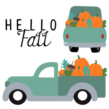  Tatlı sonbahar cüceleri, eski kamyonet, vektör illüstrasyon sanatı.