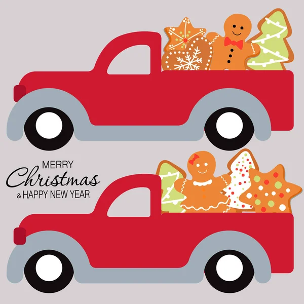 Cartoon Truck Świątecznym Ciasteczkiem Piernika Śmieszne Ręcznie Rysowane Śmieszne Merry — Wektor stockowy