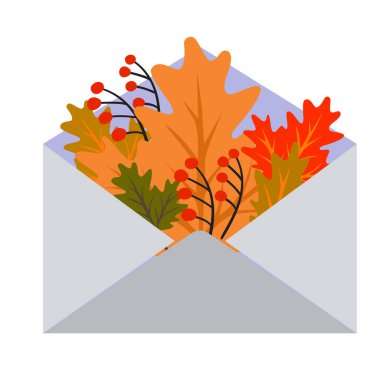 Yapraklı güzel zarf kartı. Vektör illüstrasyonu.