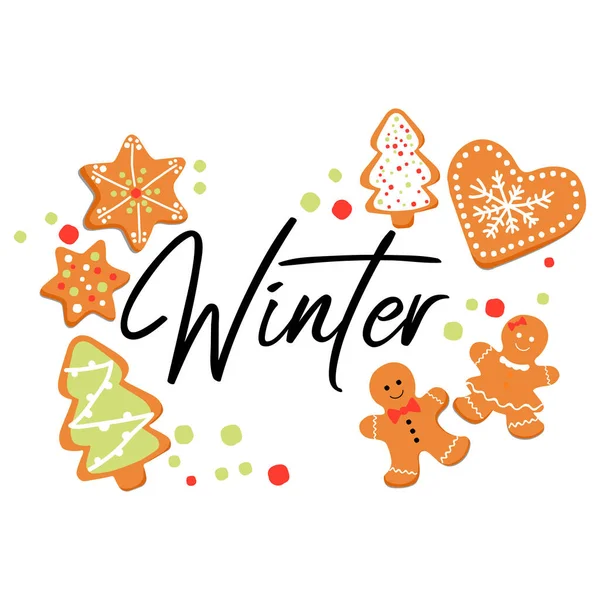Зимові Прикраси Пряників Зима Векторна Художня Ілюстрація — стоковий вектор