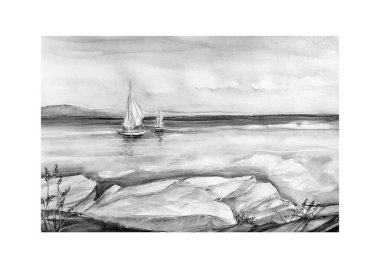 El çizilmiş deniz kenarının suluboya çizimini ayarla