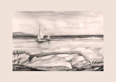 El çizilmiş deniz kenarının suluboya çizimini ayarla