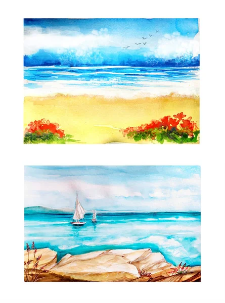 Set Hand Dras Akvarell Illustration Havet — Stockfoto