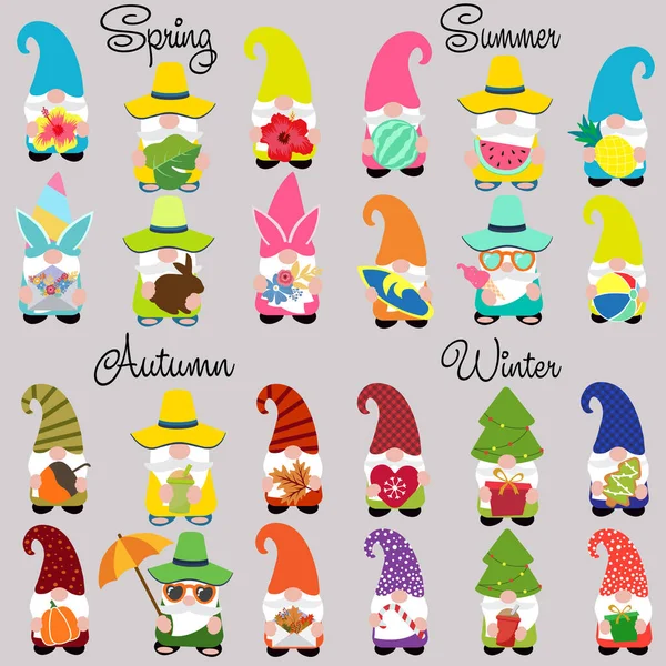 Şirin bahar, yaz, sonbahar, kış cüceleri, vektör illüstrasyon sanatı.