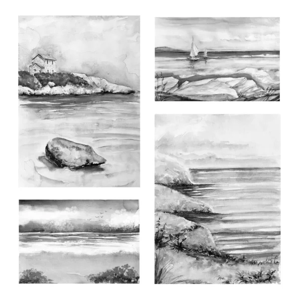 Set Seaside Hand Drawn Watercolor Illustration — Stock Photo, Image