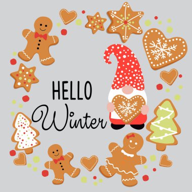 Zencefilli kurabiye ile kış süslemesi. Kış. Vektör sanatı illüstrasyonu