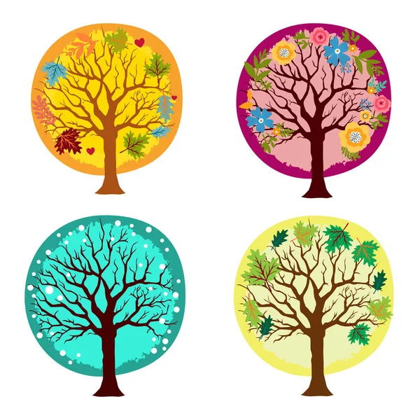 Набір Сезонних Дерев Листям Квітами Снігом Векторні Ілюстрації — стоковий вектор