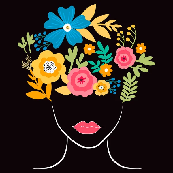 Frau Silhouette Gesicht Mit Blumen Kunst Illustration — Stockvektor