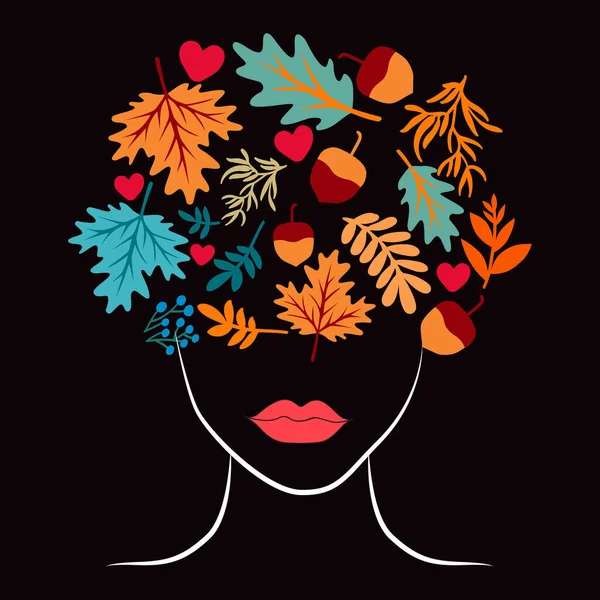 Woman Silhouette Face Leaves Art Illustration — Stock Vector