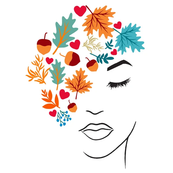 Femme Silhouette Visage Avec Feuilles Illustration Art — Image vectorielle