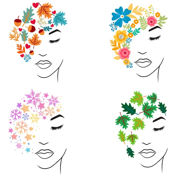Set Woman Silhouette Face Floral Art Illustration — Stock Vector