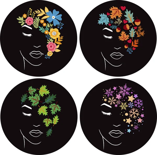 Set Woman Silhouette Face Floral Art Illustration — Stock Vector