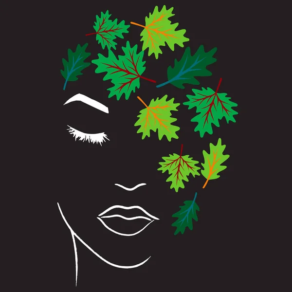 Femme Silhouette Visage Avec Illustration Art Feuille — Image vectorielle