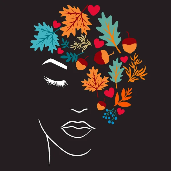 Femme Silhouette Visage Avec Feuilles Illustration Art — Image vectorielle