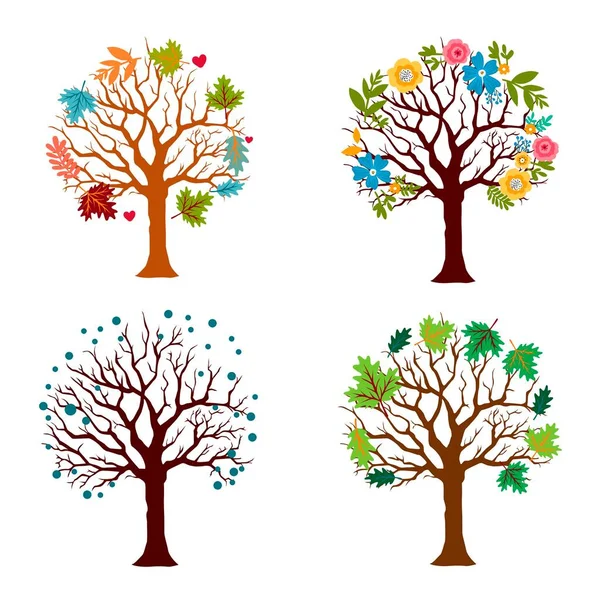 Set Season Trees Leaves Flowers Snow Vector Illustration — Stock Vector