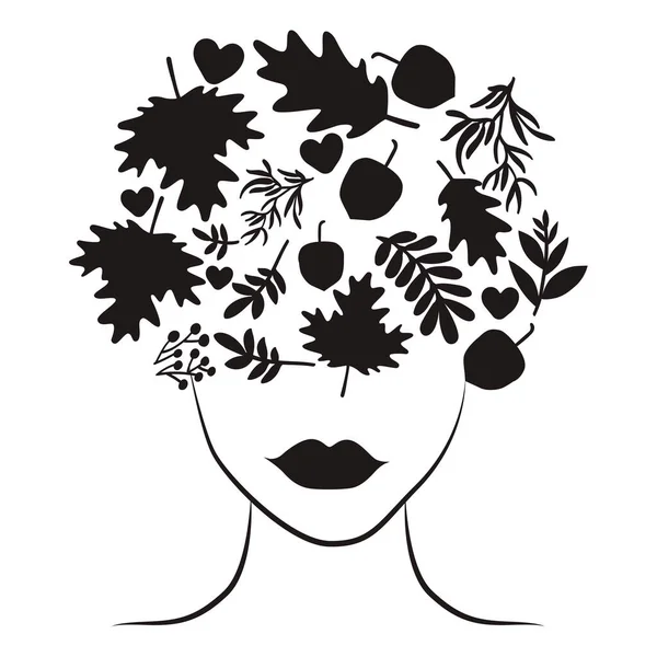 Yaprak Resimli Siluet Kadın Yüzü — Stok Vektör