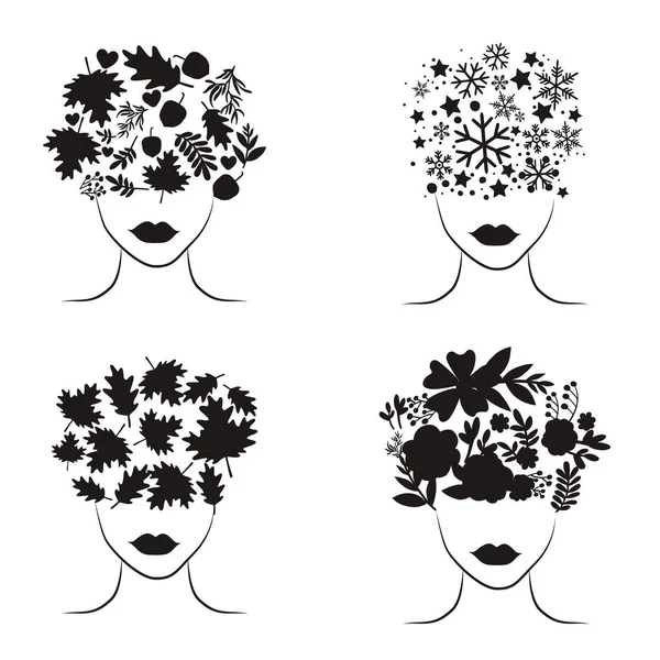 Ensemble Visage Silhouette Femme Avec Illustration Art Floral — Image vectorielle