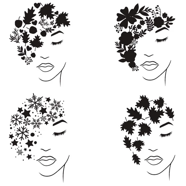 Set Woman Silhouette Face Floral Art Illustration — Stock Vector