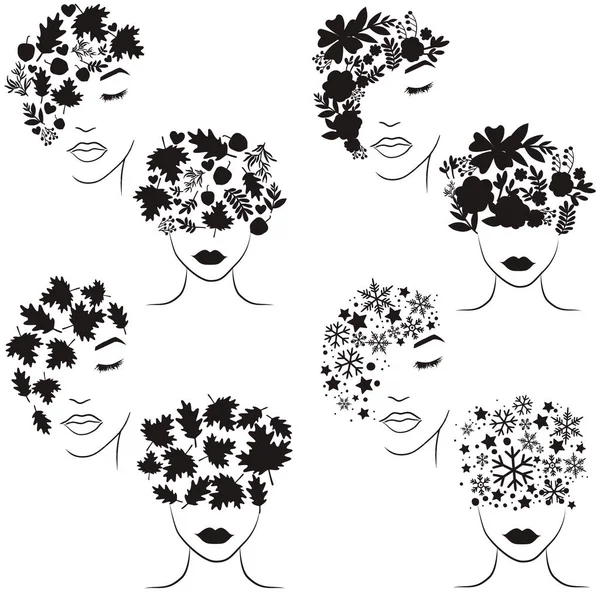 Набір Жіночого Силуету Обличчя Квітковою Ілюстрацією Мистецтва — стоковий вектор